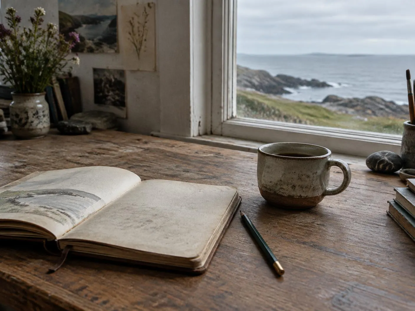 Notebook and coffee on a desk overlooking the Irish coast