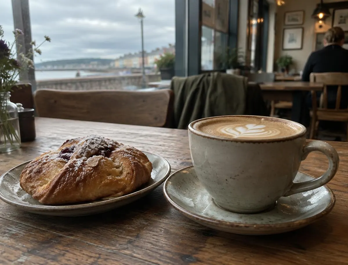 Flat white and pastry on a cafe table by the coast