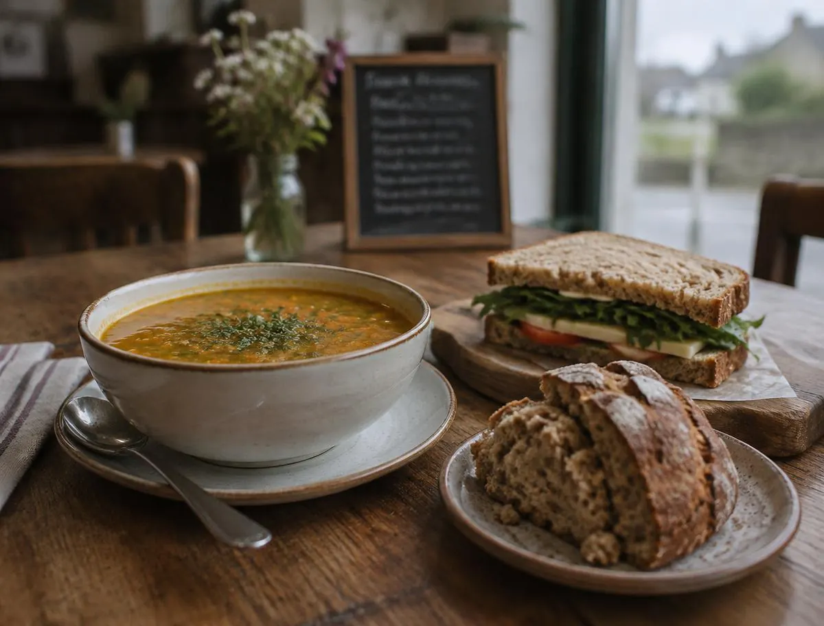 Fresh soup, soda bread and sandwich served for lunch