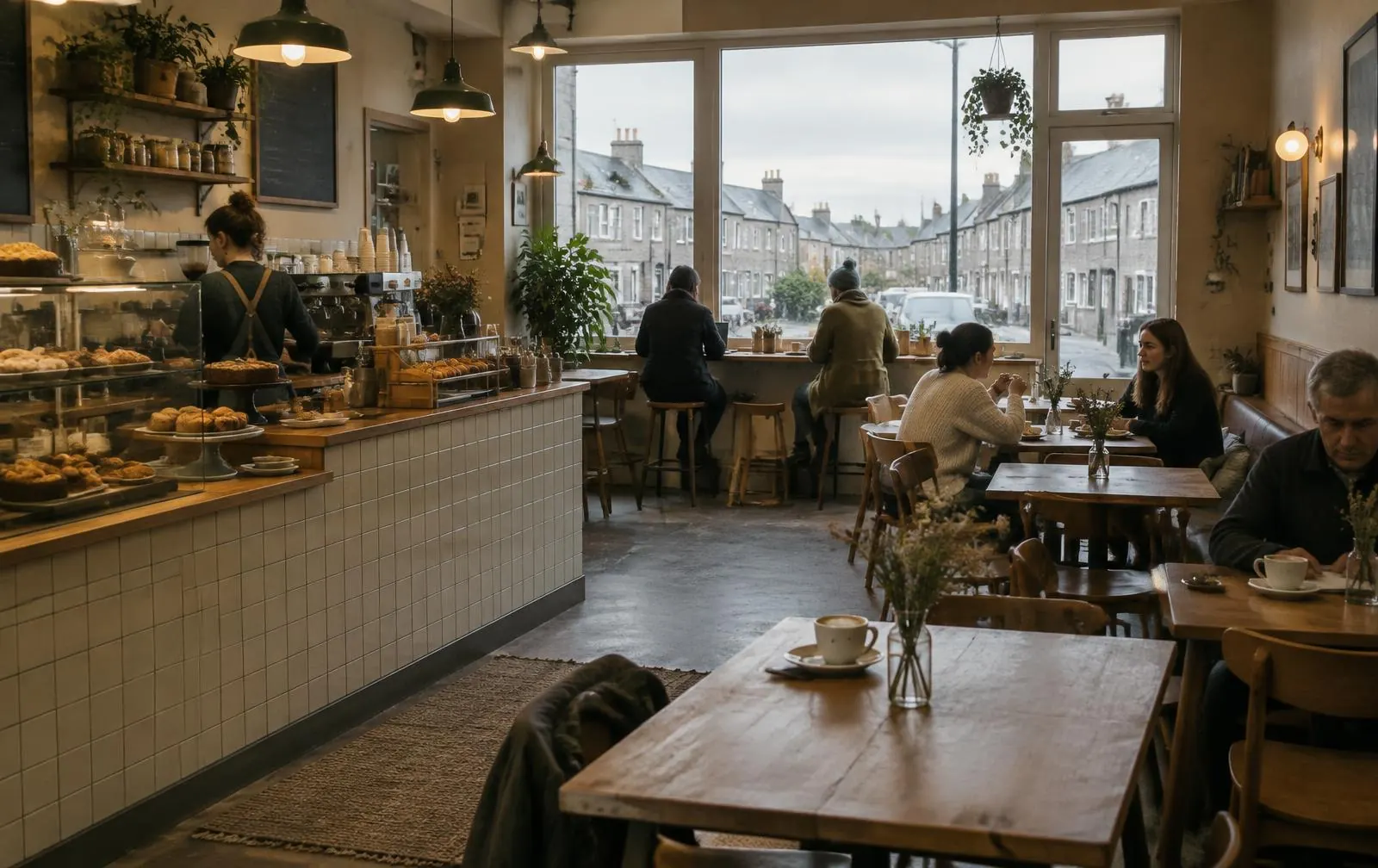 Warm neighbourhood cafe with customers enjoying the morning