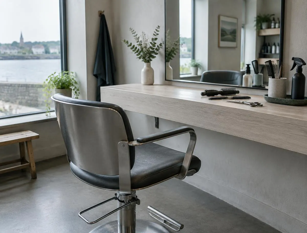 Styling chair beside a bright salon window