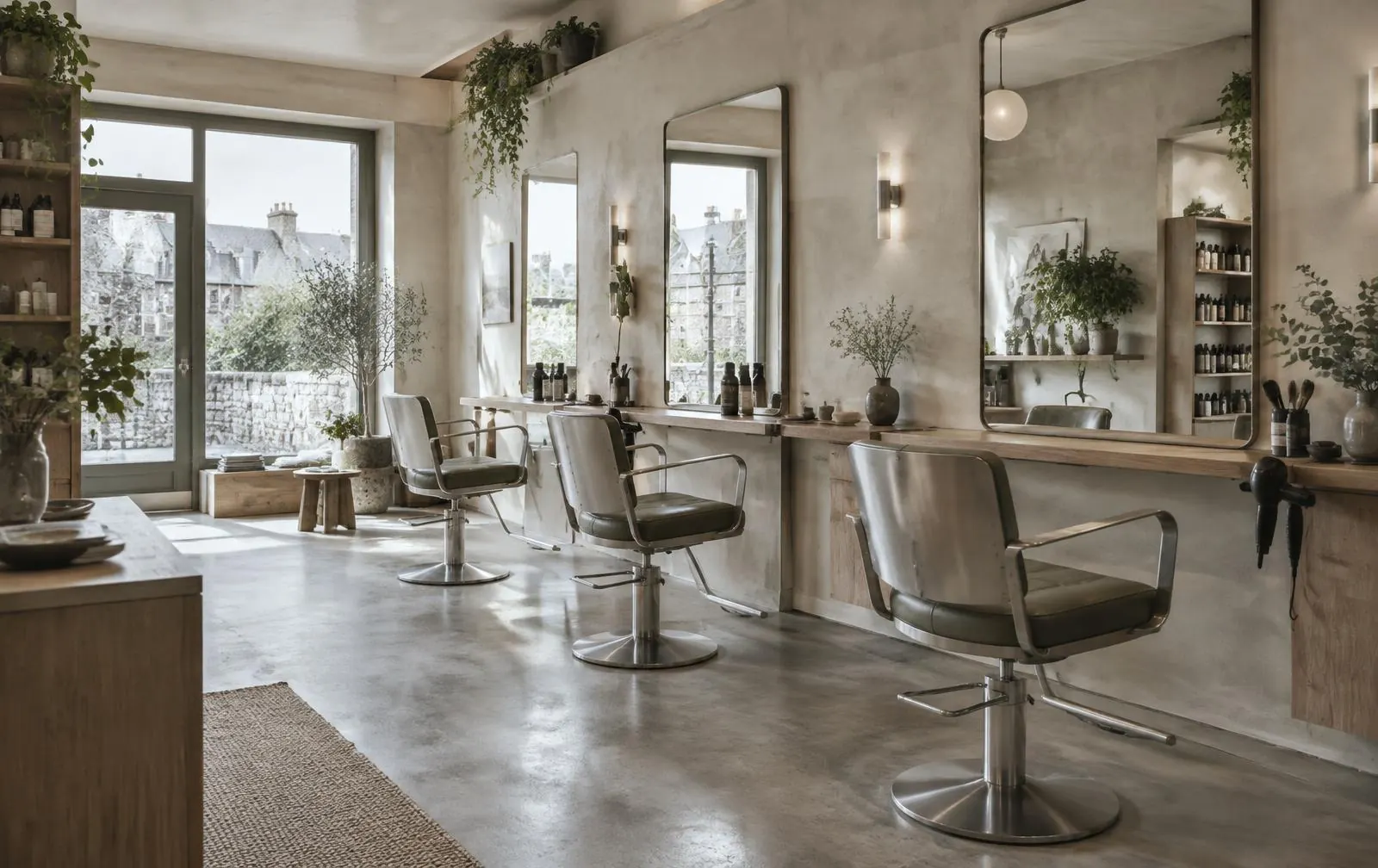 Bright contemporary hair salon with styling chairs