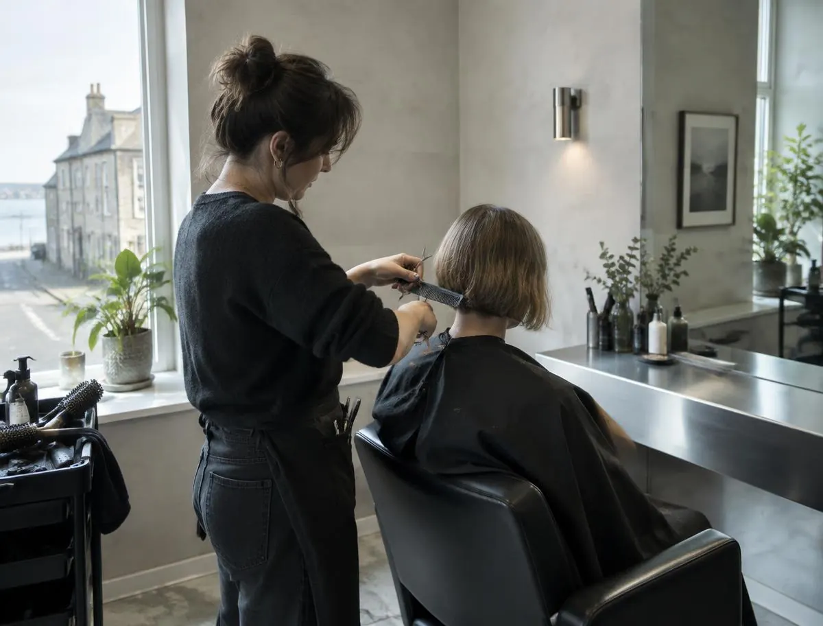 Stylist carefully cutting a client's hair