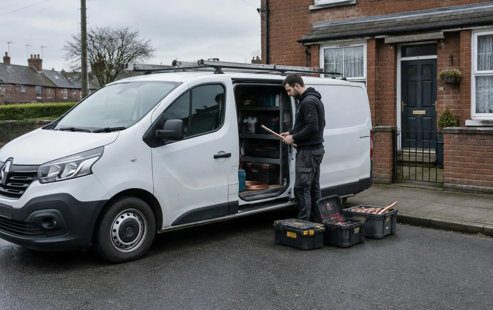 Qualified tradesperson preparing equipment beside a service vehicle